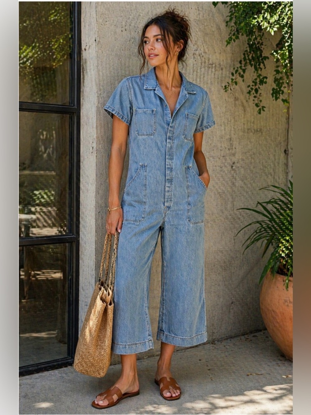 *Caron Callahan Denim Jumpsuit M Utility Workwear Wide Leg‎ Blue Cotton Hemp USA